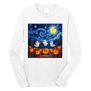 Boo Ghost Halloween Pumpkin Starry Night Van Gogh Long Sleeve Shirt