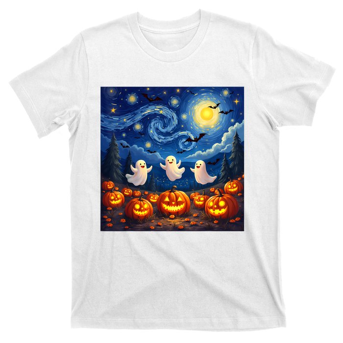 Boo Ghost Halloween Pumpkin Starry Night Van Gogh T-Shirt