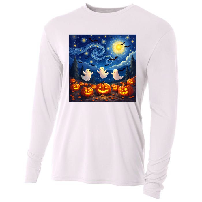 Boo Ghost Halloween Pumpkin Starry Night Van Gogh Cooling Performance Long Sleeve Crew