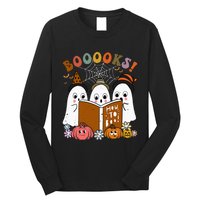 Booooks Ghost Halloween Groovy Vintage Teacher Book Reading Long Sleeve Shirt