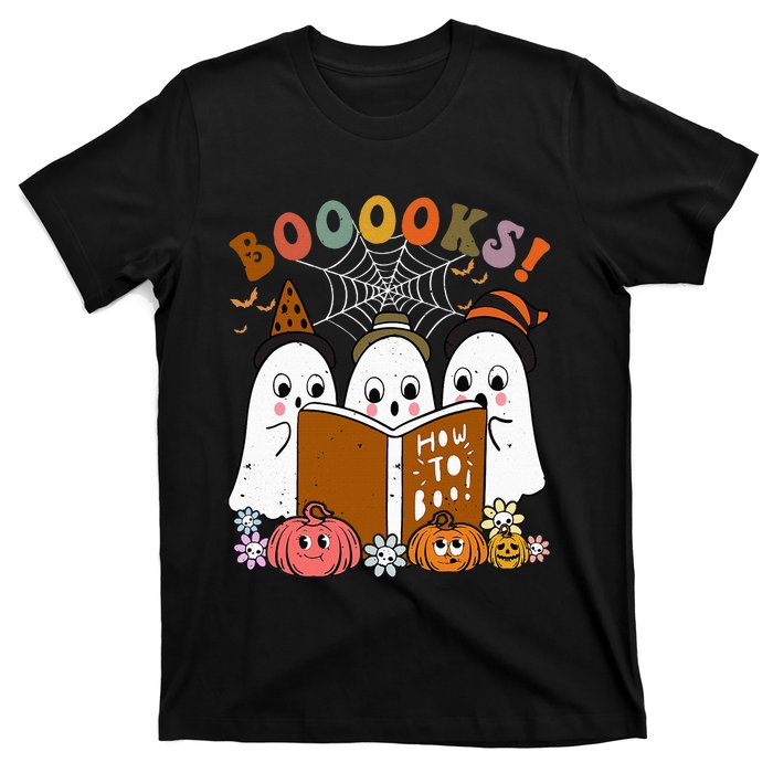 Booooks Ghost Halloween Groovy Vintage Teacher Book Reading T-Shirt