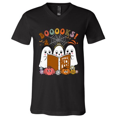 Booooks Ghost Halloween Groovy Vintage Teacher Book Reading V-Neck T-Shirt