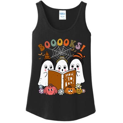 Booooks Ghost Halloween Groovy Vintage Teacher Book Reading Ladies Essential Tank