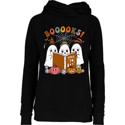 Booooks Ghost Halloween Groovy Vintage Teacher Book Reading Womens Funnel Neck Pullover Hood