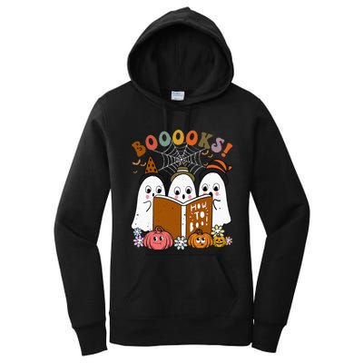 Booooks Ghost Halloween Groovy Vintage Teacher Book Reading Women's Pullover Hoodie