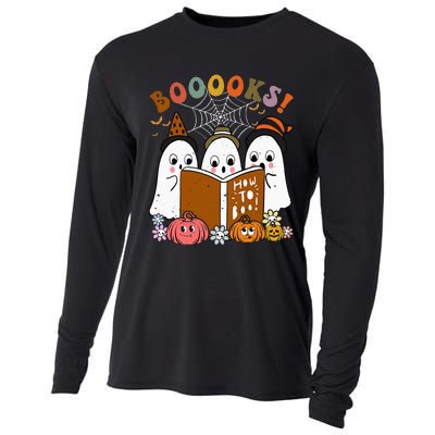 Booooks Ghost Halloween Groovy Vintage Teacher Book Reading Cooling Performance Long Sleeve Crew