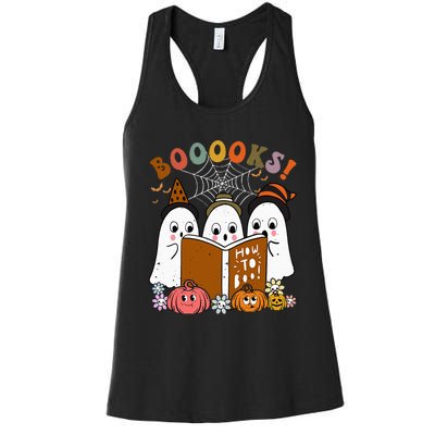 Booooks Ghost Halloween Groovy Vintage Teacher Book Reading Women's Racerback Tank