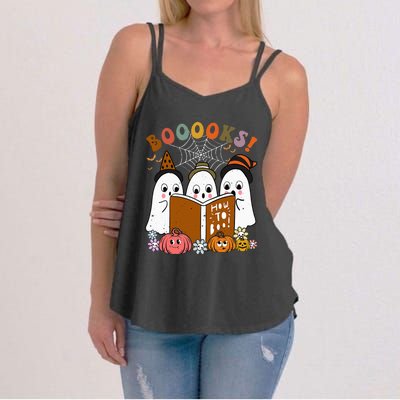 Booooks Ghost Halloween Groovy Vintage Teacher Book Reading Women's Strappy Tank