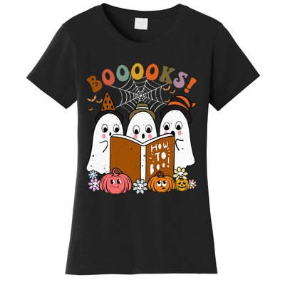 Booooks Ghost Halloween Groovy Vintage Teacher Book Reading Women's T-Shirt