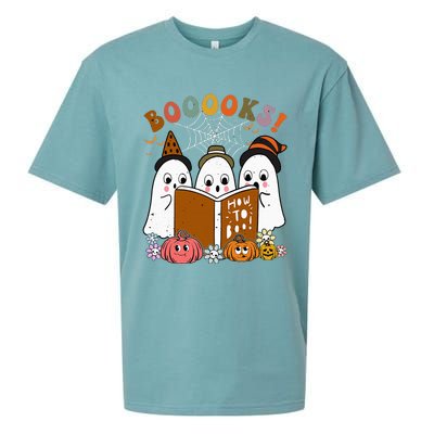 Booooks Ghost Halloween Groovy Vintage Teacher Book Reading Sueded Cloud Jersey T-Shirt