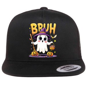 Bruh Ghost Halloween Trick Or Treat Funny Flat Bill Trucker Hat