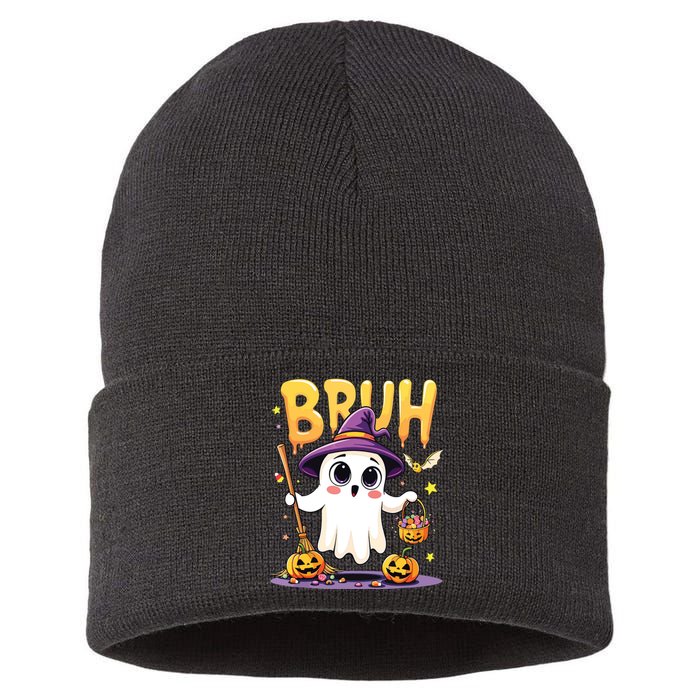 Bruh Ghost Halloween Trick Or Treat Funny Sustainable Knit Beanie