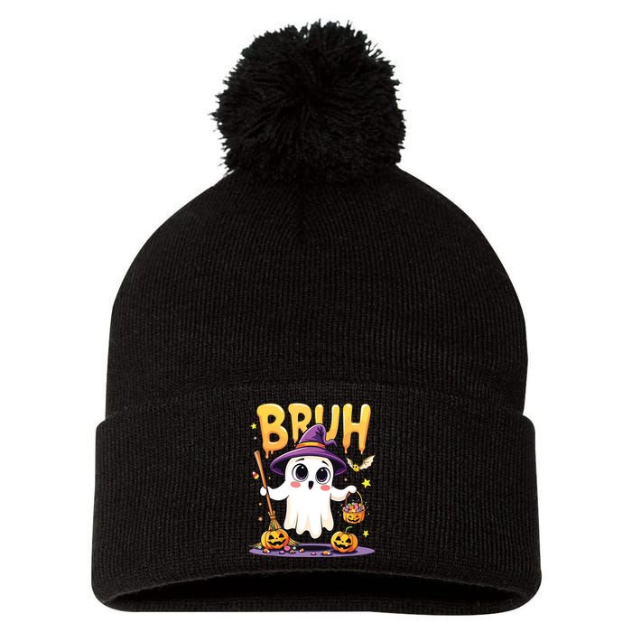 Bruh Ghost Halloween Trick Or Treat Funny Pom Pom 12in Knit Beanie