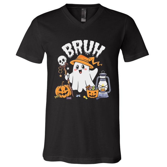 Bruh Ghost Halloween Cute Ghost Candy V-Neck T-Shirt