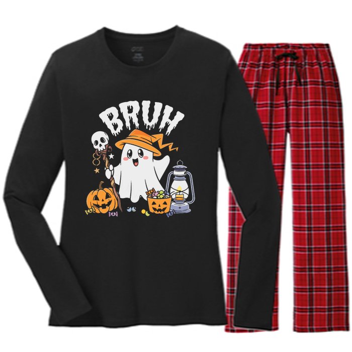 Bruh Ghost Halloween Cute Ghost Candy Women's Long Sleeve Flannel Pajama Set 