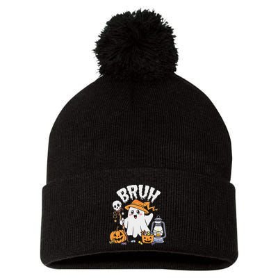 Bruh Ghost Halloween Cute Ghost Candy Pom Pom 12in Knit Beanie