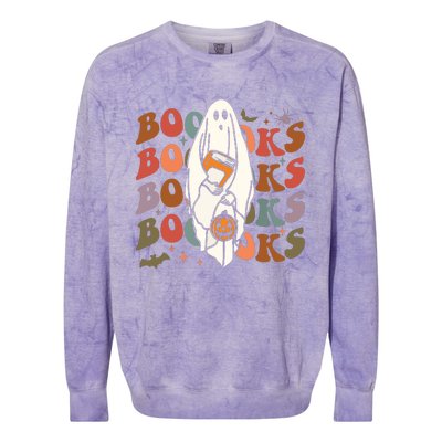 Booooks Ghost Halloween Groovy Vintage Teacher Book Reading Colorblast Crewneck Sweatshirt