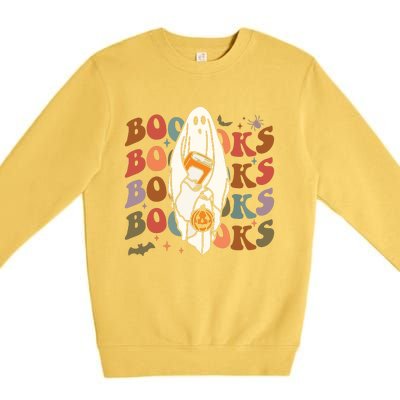 Booooks Ghost Halloween Groovy Vintage Teacher Book Reading Premium Crewneck Sweatshirt