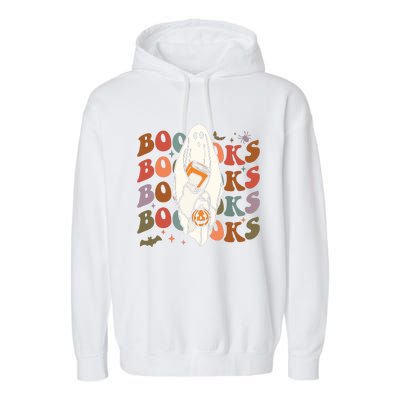 Booooks Ghost Halloween Groovy Vintage Teacher Book Reading Garment-Dyed Fleece Hoodie