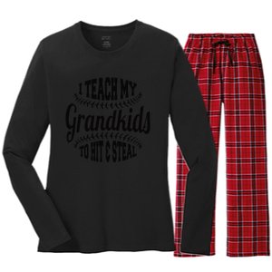 Baseball Grandpa I Teach My Grand to Hit and Steal Women's Long Sleeve Flannel Pajama Set 