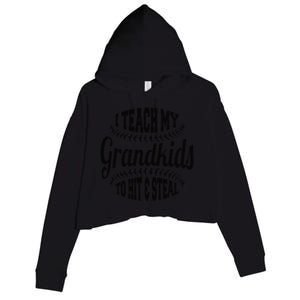 Baseball Grandpa I Teach My Grand to Hit and Steal Crop Fleece Hoodie