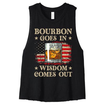 Bourbon Goes In Wisdom Comes Out Funny Drinking Women's Racerback Cropped Tank