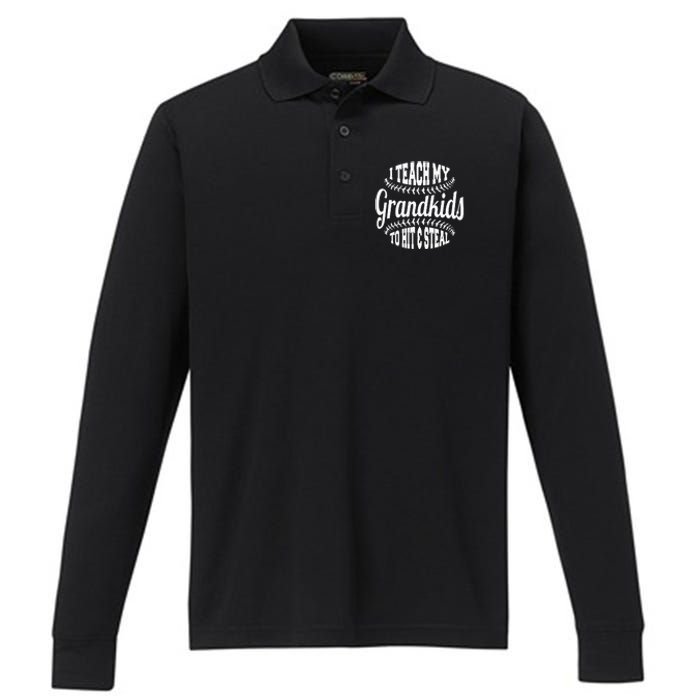 Baseball Grandpa I Teach My Grand To Hit And Steal Performance Long Sleeve Polo