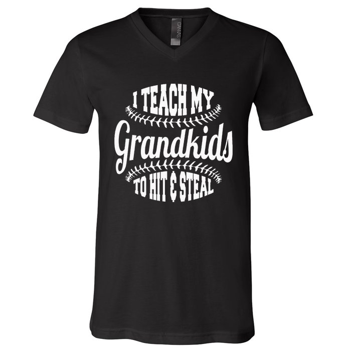 Baseball Grandpa I Teach My Grand To Hit And Steal V-Neck T-Shirt