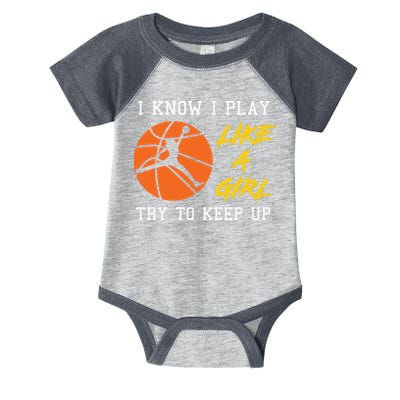 Basketball Girls I Know I Play Like A Girl Try To Keep Up Infant Baby Jersey Bodysuit