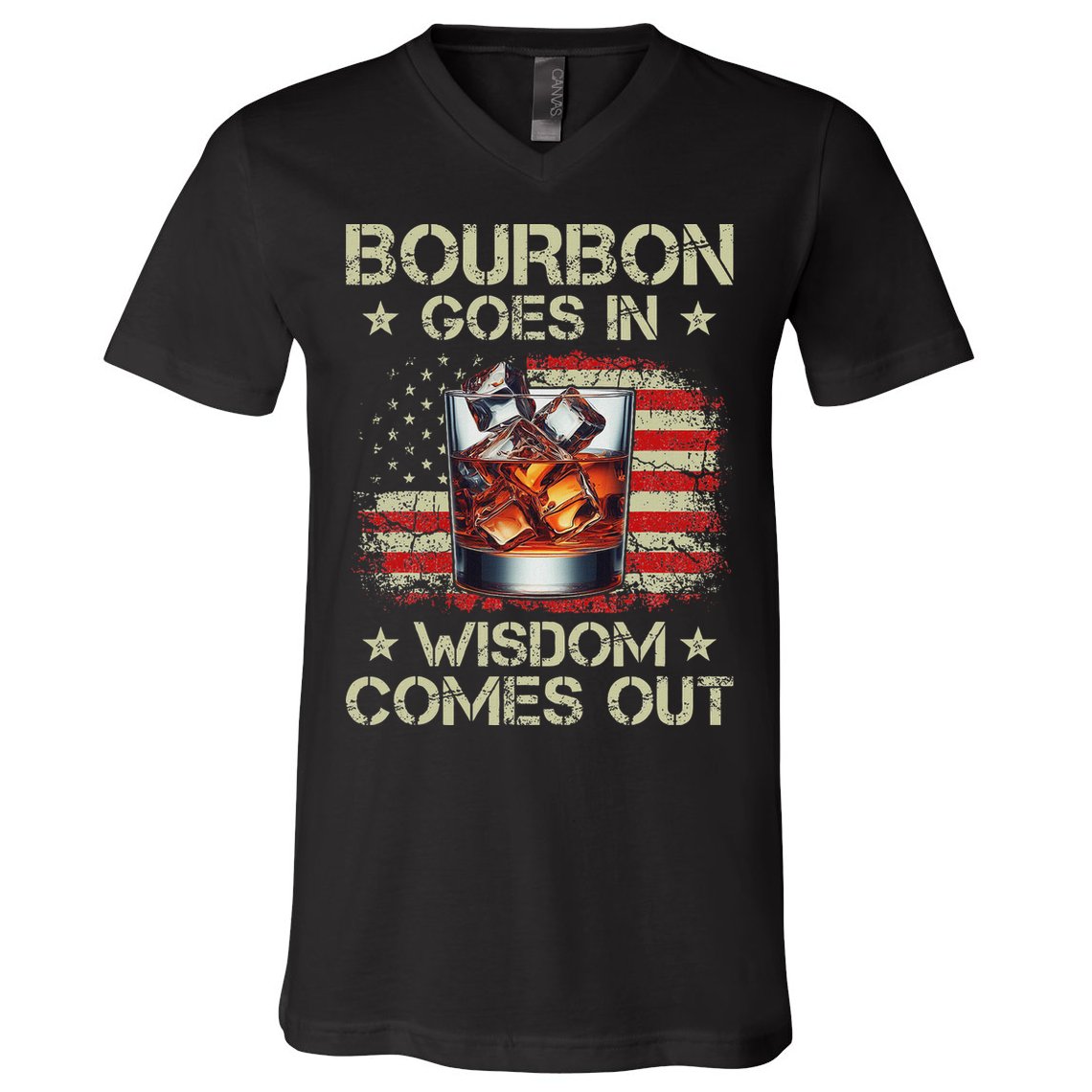 Bourbon Goes In Wisdom Comes Out Whiskey Usa Flag Vintage V-Neck T-Shirt