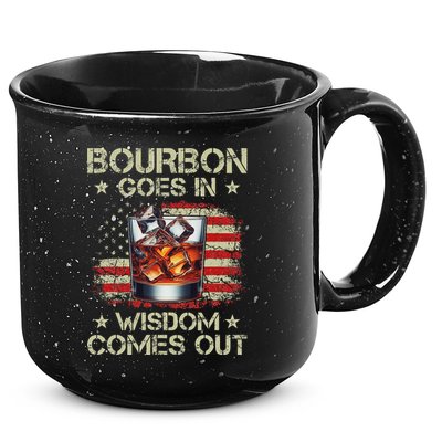 Bourbon Goes In Wisdom Comes Out Whiskey Usa Flag Vintage 15oz Campfire Ceramic Mug