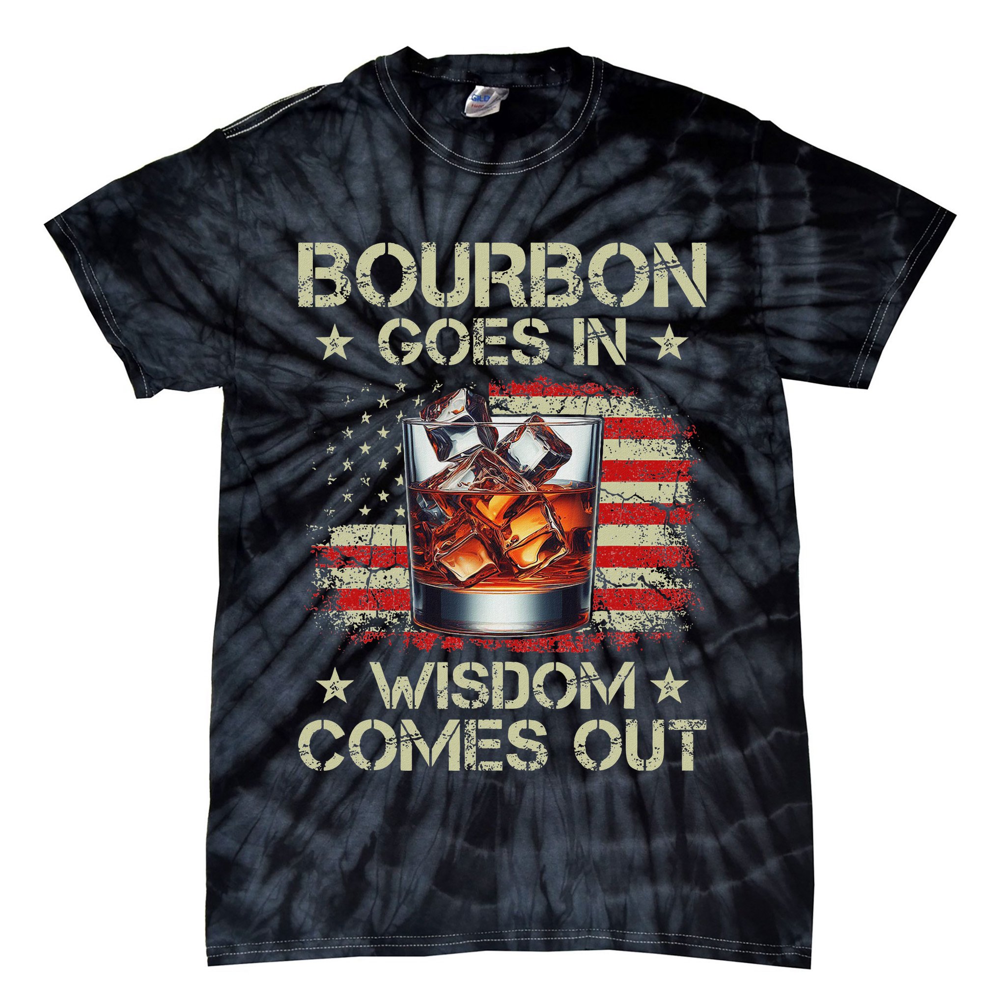 Bourbon Goes In Wisdom Comes Out Whiskey Usa Flag Vintage Tie-Dye T-Shirt