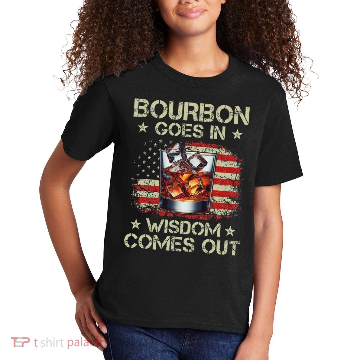 Bourbon Goes In Wisdom Comes Out Whiskey Usa Flag Vintage Kids T-Shirt