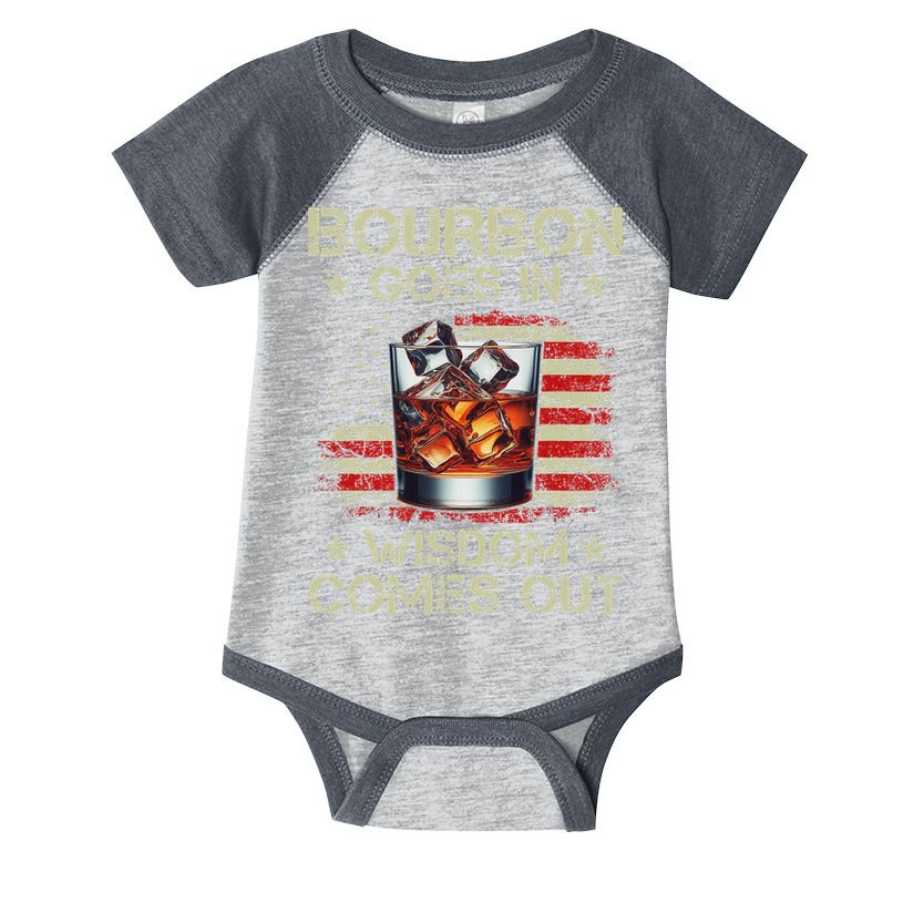 Bourbon Goes In Wisdom Comes Out Whiskey Usa Flag Vintage Infant Baby Jersey Bodysuit