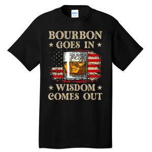 Bourbon Goes In Wisdom Comes Out Funny Drinking Tall T-Shirt