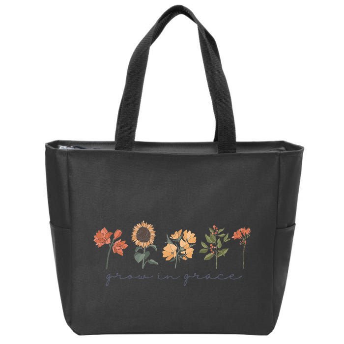 Boho Grow In Grace Wildflower Christian Scripture Religious Zip Tote Bag