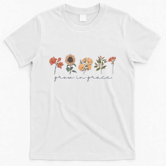 Boho Grow In Grace Wildflower Christian Scripture Religious T-Shirt