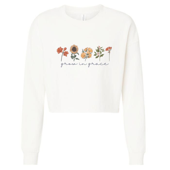 Boho Grow In Grace Wildflower Christian Scripture Religious Cropped Pullover Crew