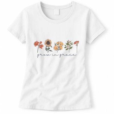 Boho Grow In Grace Wildflower Christian Scripture Religious Womens T-Shirt