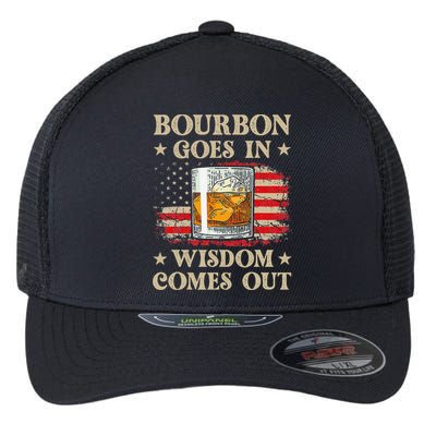 Bourbon Goes In Wisdom Comes Out Funny Drinking Flexfit Unipanel Trucker Cap