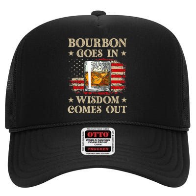 Bourbon Goes In Wisdom Comes Out Funny Drinking High Crown Mesh Back Trucker Hat