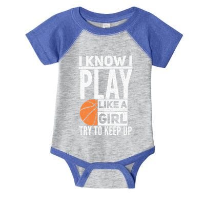 Basketball Girl I Know I Play Like A Girl Try To Keep Up Infant Baby Jersey Bodysuit