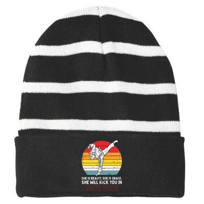 Beauty Grace Kick You In Face Karate Taekwondo Gift Striped Beanie with Solid Band