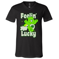 Bears Good Luck Bear Jumping Feelin Lucky Distressed V-Neck T-Shirt