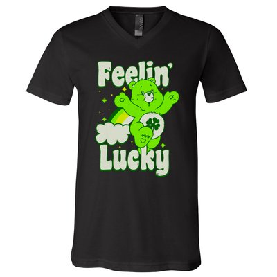 Bears Good Luck Bear Jumping Feelin Lucky Distressed V-Neck T-Shirt