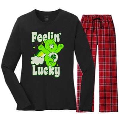 Bears Good Luck Bear Jumping Feelin Lucky Distressed Women's Long Sleeve Flannel Pajama Set 