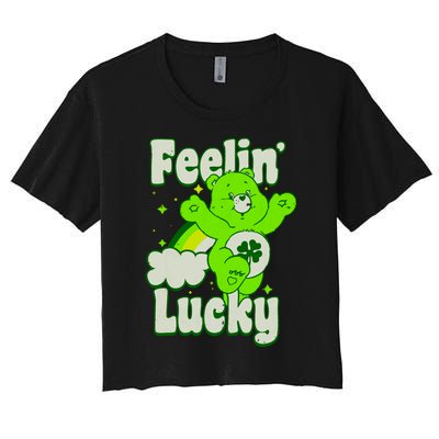 Bears Good Luck Bear Jumping Feelin Lucky Distressed Women's Crop Top Tee