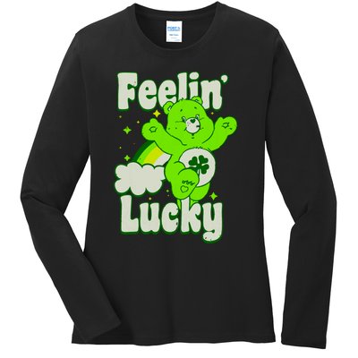 Bears Good Luck Bear Jumping Feelin Lucky Distressed Ladies Long Sleeve Shirt