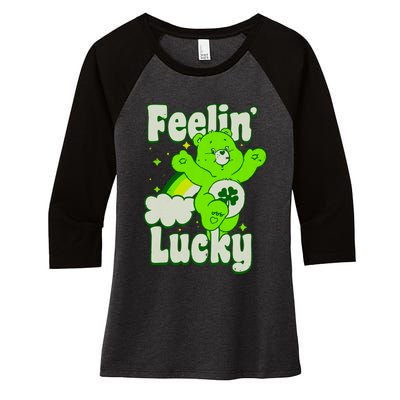 Bears Good Luck Bear Jumping Feelin Lucky Distressed Women's Tri-Blend 3/4-Sleeve Raglan Shirt