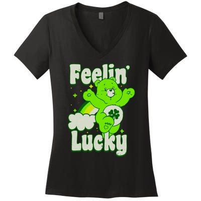 Bears Good Luck Bear Jumping Feelin Lucky Distressed Women's V-Neck T-Shirt